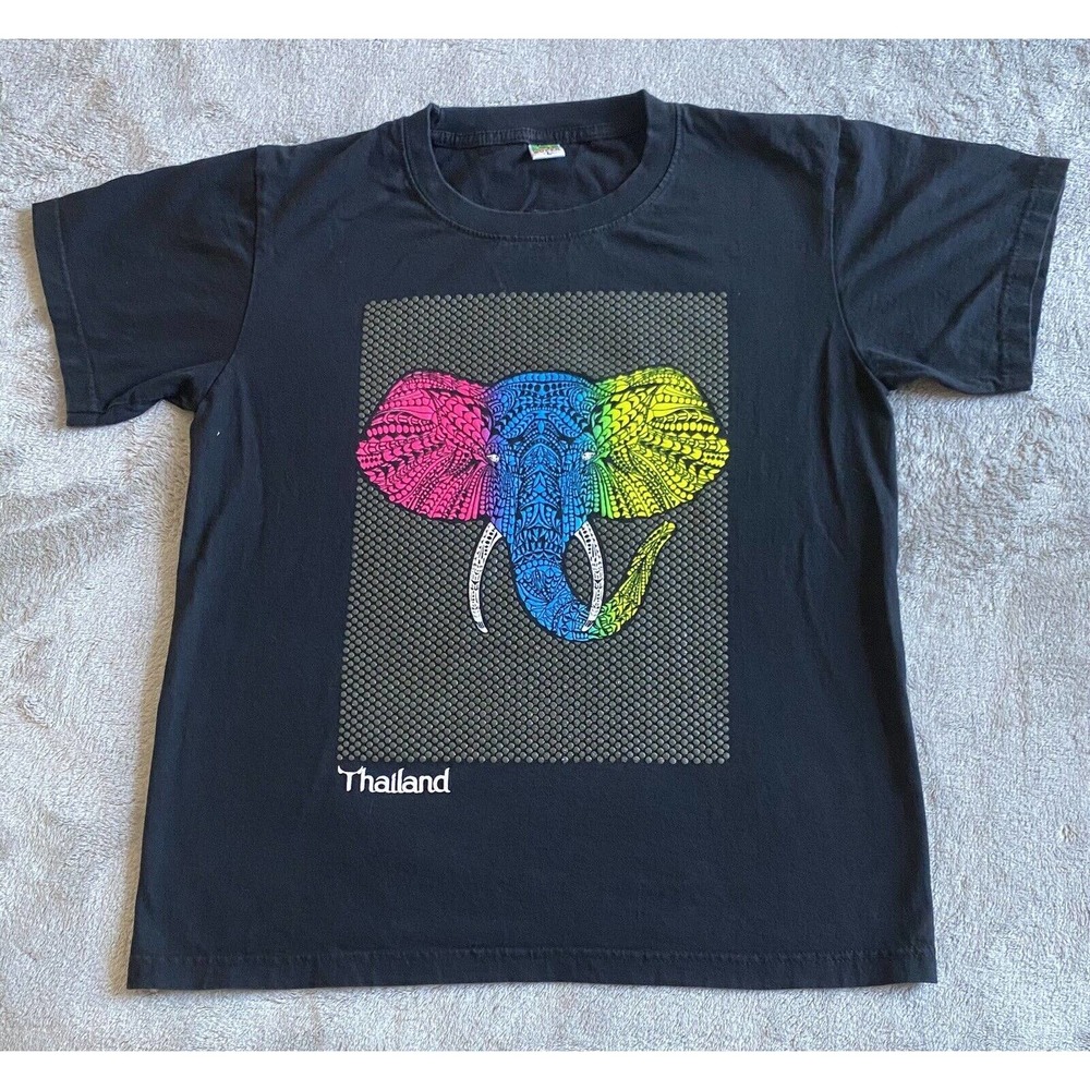 Vintage Thailand Elephant Shirt Men’s Large Black Puff Print Neon Art Tee Travel